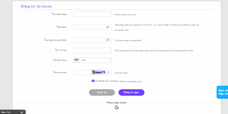 Điền thông tin trên biểu mẫu đăng ký Bet88