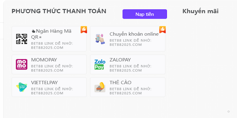 Chú ý lựa chọn phương thức nạp tiền Bet88 phù hợp