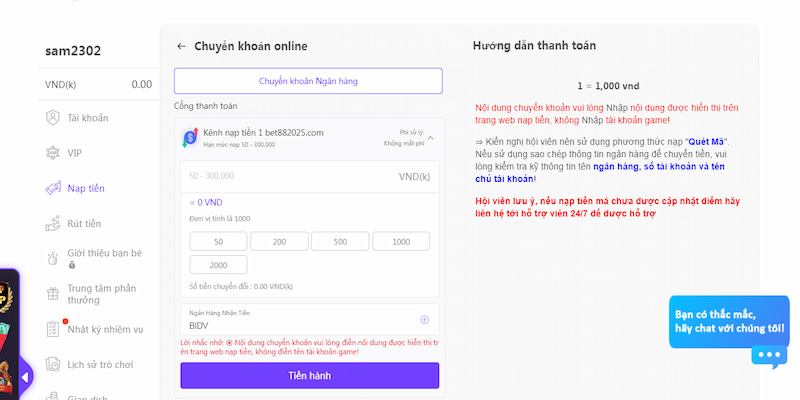 Nạp tiền tại nền tảng thông qua chuyển khoản