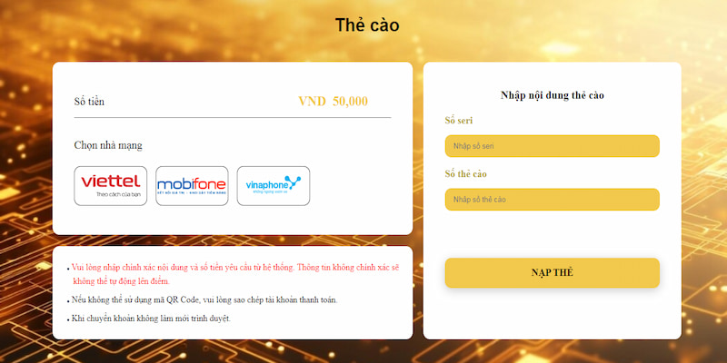 Gửi vốn tại trang game bằng thẻ cao
